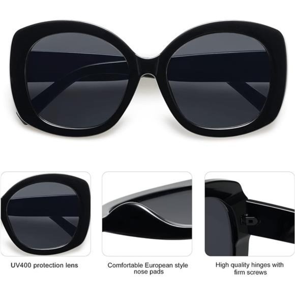 Women\'s Trendy Round Sunglasses Retro Oversized Square Shades, Black